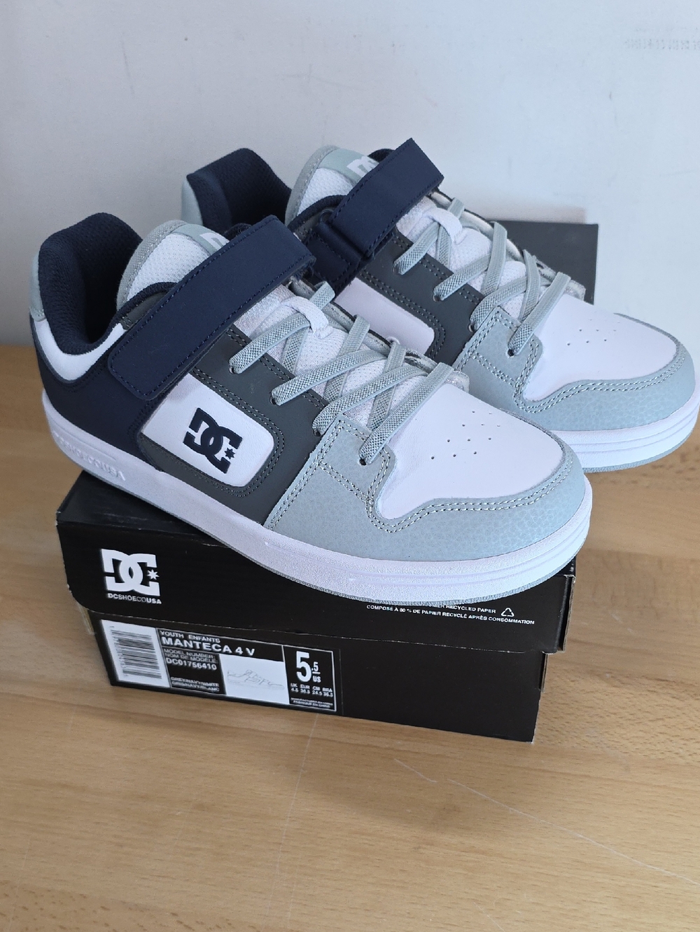 DC Kids Sneakers in White, Light Gray and Navy Kids 5.5